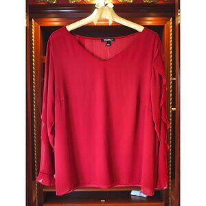 NWT Roz & Ali Red Ruffle Sleeve Blouse 1X Plus Size Chiffon V-Neck Career Top